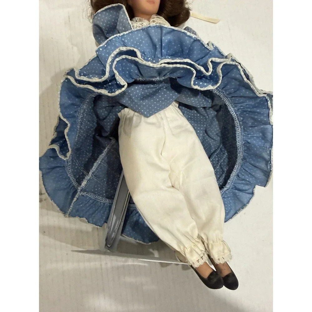 Vintage Porcelain Doll Blue Polka Dot Lace Dress Straw Hat Brunette Display